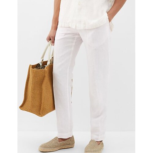 Herren Leinenhosen Hose Sommerhose Strandhose Gerader Schnitt Einfach Komfort Outdoor Lässig Täglich Streetwear Stilvoll Weiß Marineblau Image