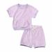 Virmaxy Little Kids Boys Summer Terry Cloth Shirt Suit Toddler Baby Boys Solid Color Cotton Crepe Gauze T-shirt Crew Short Sleeve Tops |Shorts 2 Piece Set Purple 2T