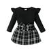 Jalioing Skirts Sets for Child Girl Solid Color Ruffled Sleeve Crew Neck Top with Bow Plaid Short Skirt (6-12 Months Black)