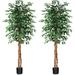 6ft Artificial Ficus Tree with Natural Wood Trunk Silk Fake Ficus Tree in Plastic Nursery Pot Faux Plant for Office Home Indoor Outdoor Decor 2 Pack