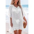 White Split Neck Tassel Tie Lace Mini Cover-Up