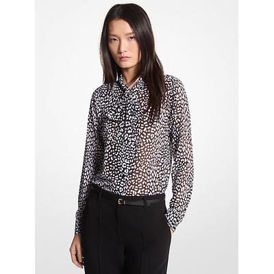 Michael Kors Graphic Leopard Print Georgette Tie-Neck Blouse Black L