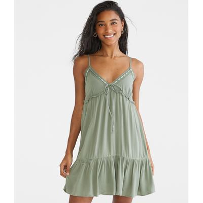 Aeropostale Womens' Solid V-Neck Lace-Trimmed Babydoll Dress - Green - Size S - Viscose