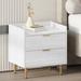 Wooden Nightstand with 2 Drawers and Marbling Worktop, Mordern Wood Bedside Table with Metal Legs&Handles,White