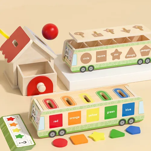 Montessori Holzauto Spielzeug haus werfen Spiel Farbe Sortierung Form passende Kugel Münze Tropfen