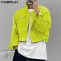 INCERUN 2024 Giubbotti da uomo Risvolto Manica Lunga Pulsante di Colore Solido Crop Cappotti Moda Uomo Streetwear Casual Sottile Tuta Sportiva S-5XL