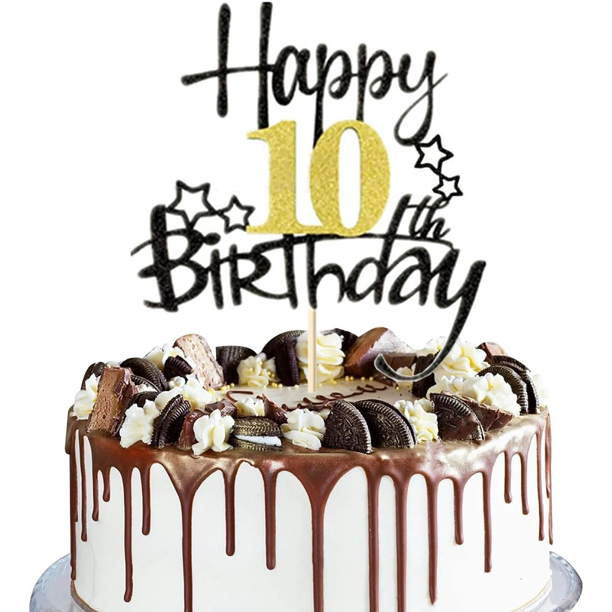 2 Stück Schwarzgold Happy 10 Birthday Cake Topper Hello 10 Cheers 10 10 Years 10 Loves & Wishes Partydekorationen für Geburtstagsfeier Image