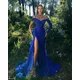 Royal Blue Sparkles Stretch Sequin Strapless Floor Length Party Dress Backless Split Evening Night