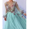 Robe de Rhen tulle vert nickel é à manches longues pour adolescents robe de soirée de célébrité