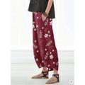 Women's Pants Trousers Linen Cotton Blend Floral Wine Blue Casual Daily Long Going out Weekend Summer