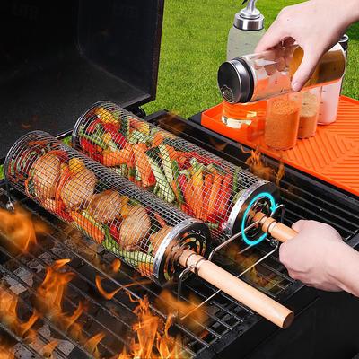 2pcs/set Nesting Grill Baskets with Removable Wooden Handle, 304 Stainless Steel, Rolling Grilling Tube Net Mesh Accessories for Vegetables Shrimp, Gifts for Men Dad Husband, Outdoor BBQ Camping Picni