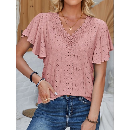 Per donna Camicia traforata Top traforato Camicia di Pizzo Pizzo Manica Corta Manica a Volant Girocollo Casuale Quotidiano Spiaggia Blu Nero Bianco Rosa Estate