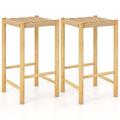 Costway 26 Dining Bar Stool Set of 2 Counter Height with Rubber Wood Woven Saddle Seat