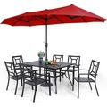 simple VILLA 7 Piece Outdoor Dining Set with Umbrella for 6 60\u201D Rectangular Metal Dining Table & 6 Stackable Metal Chairs & 13ft Large Beige Umbrella for Outdoor Deck Yard