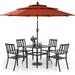 simple VILLA 5 Piece Outdoor Dining Set with 10ft Umbrella 37 Square Metal Dining Table & 4 Stacking Metal Chair with 3 Tier Beige Umbrella for Patio Deck Yard Porch