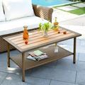 leecrd Outdoor Wicker Coffee Table Rattan Faux Wood Top Side Table w/Storage for Garden