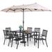 simple VILLA 5 Piece Outdoor Dining Set with 10ft Umbrella 37 Square Metal Dining Table & 4 Stacking Metal Chair with 3 Tier Beige Umbrella for Patio Deck Yard Porch