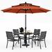 VILLA Outdoor 10ft Patio Umbrella Set for 4 with 5 Pieces Dining Table Chairs Metal Outdoor Stackable Wrought Iron Chair Set of 4 & 37 Metal Table 3 Tier Vented Dark Blue Umbrel