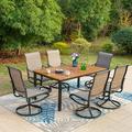 simple 7 Pieces Patio Dining Sets Outdoor Furniture Set Including 1x 64 Rectangle Wood-Like Table Table and 6 Padded Sling Swivel Chairs Metal Dining Set for Backyard Garden Deck