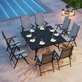 simple VILLA 7 PCs Outdoor Patio Dining Set 6 Adjustable Folding Reclining Sling Chair with Armrest & 1 Rectangle Patio Dining Table with 1.57 Umbrella Hole (Black)