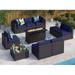 simple 8 Pieces Patio Furniture Set with 45 Plate Embossing Propane Fire Table Outdoor PE Rattan Sectional Sofa Set Patio Gas Fire Pit Conversation Set with Blue Cushions & Glass