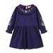 Posijego Girls Long Sleeve Dress Cotton Causal Crew Neck Floral Embroidery Pleated Dress Comfy Dress for Kids