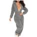 FRSASU Plus size Women s Winter Ear Buttoned Flap Functional Costume Zipper Front Hooded Lounge Jumpsuit Comfortable Pajamas Gray M