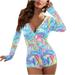 JSKUMAR Long Sleeve Button V Neck Slim Fit Pajamas Jumpsuit Gradient Color Plaid Print Short Romper Sleepwear Tights Onesie Blue XL