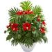Hibiscus And Areca Palm Artificial White Bowl Silk Plants Red