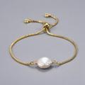 1pc Brass Slider Bracelets Bolo Bracelets with Natural Baroque Pearl Keshi Pearl Beads White 9 inch(23cm) 1.3mm