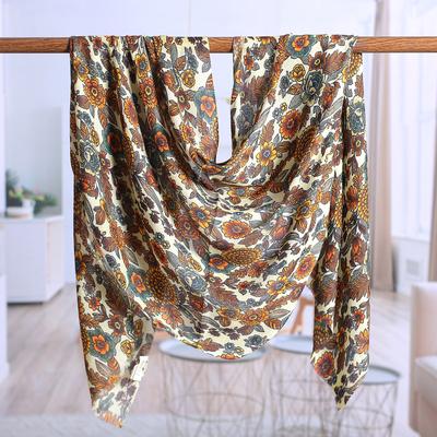 Spring Dream,'Floral Printed Yellow and Orange Wool and Silk Blend Shawl'