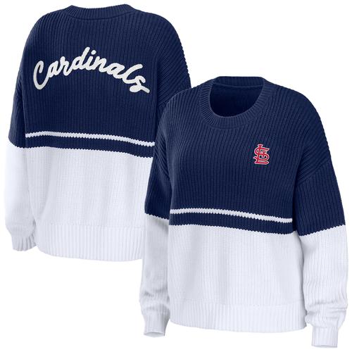 Damenbekleidung von Erin Andrews Marineblau/weißes grobes Pullover-Sweatshirt der St. Louis Cardinals