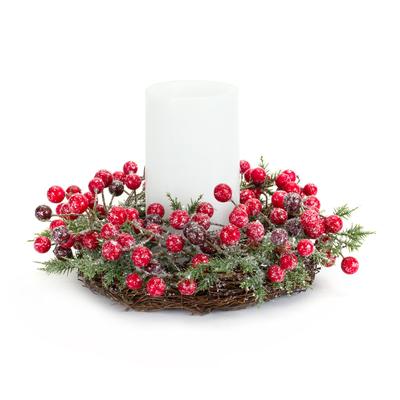 Frosted Winter Berry Pine Candle Ring With Grapevine Base (Set Of 6) by Melrose in Red