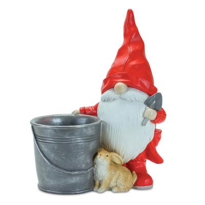 Raincoat Garden Gnome Statue With Bucket Planter 24.75