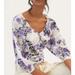 Anthropologie Tops | Anthropologie V Neck Ruched Knit Top Purple White Floral 3/4 Sleeve Womens M | Color: Purple/White | Size: M