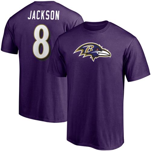 Lamar Jackson T-Shirt für Herren, Lila, Baltimore Ravens, Spielersymbol, Name und Nummer