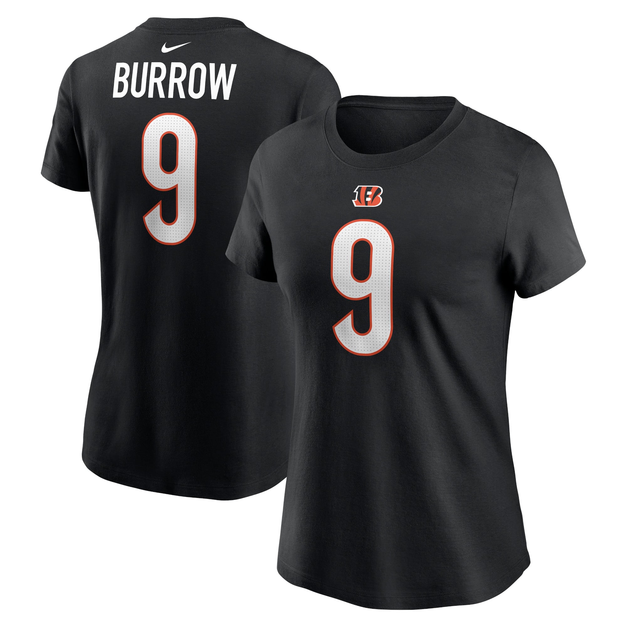 Nike Damen-T-Shirt mit Joe Burrows Namen und Nummer, Cincinnati Bengals, Schwarz