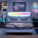 Full Bed Frame with LED Lights, Modern PU Leather Upholstered Platform Bed with Headboard, No Box Spring Needed/Noise-Free