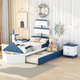Twin Size Boat-Shaped Platform Kids Bed with Trundle and Two Nightstands Set of 3 Bedroom Sets, White&Blue