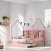 Full Size House Bed with Trundle, Wooden Bed with Support Legs, Canopy Bed with Storage Shelf, Kid's Bed with Guardrail, Pink