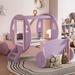 Wood Twin size Princess Carriage Kids Platform Bed with Crown, Purple+Pink