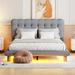 Queen Size Velvet Platform Bed with LED Frame, Thick & Soft Fabric and Button-tufted Design Headboard