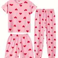 3pcs Spring And Summer Girls Loungewear Set, Kids Girls Short Sleeve Top + Shorts + Trousers Set Love Pattern Loose Pajamas Set, Casual Cute Sister Outfits, 4-14 Years Old Girls Clothing