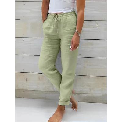 Women's Cotton Linen Pants Chinos Pants Trousers Basic Casual Long High Waist Plain Pocket Elastic Drawstring Design High Cut Breathability Soft Micro-elastic Street Daily Wear Black White Green Khaki