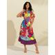 Satin Rainbow Floral Print Belted Midi Shirt Dress