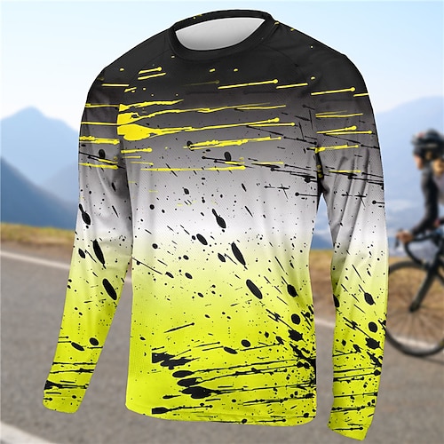 Herren Downhill-Trikot Farbverlauf Langarm Fahhrad Oberteil mit 3 Gesäßtaschen Mountainbike MTB Straßenradsport Schnelltrocknend Reflektierende Streifen Rückentasche Feuchtigkeitsableitend Sport Gelb Image