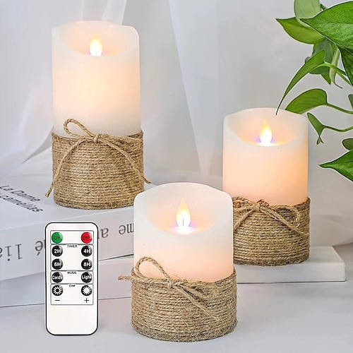 3 große flammenlose LED-Kerzen aus Hanfseil für Szenendekoration, Urlaubszubehör, Geburtstagsparty-Zubehör, Raumdekoration, Weihnachtsgeschenk, Heimdekoration Image
