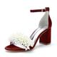 DEHIWI Women's Chunky Mid Heels Wedding Sandals Open Toe Block Heeled Dress Shoes Pearls Ankle Strap Evening Party Bridal Pumps,Burgundy,3 UK