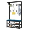 Heavy Duty Clothes Rack Coat Rack Shoe Bench, 3-Tier Shoe Rack Bench For Entryway, Shoe Bench With Coat Rack And Cushion, For Hallway/Black Blue/100Cm (Black Blue 100Cm)