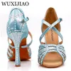 WUXIJIAO frauen Party Satin Tanz Schuhe Helle strass Weichen Boden Latin Dance Schuhe Rot/Blau Salsa